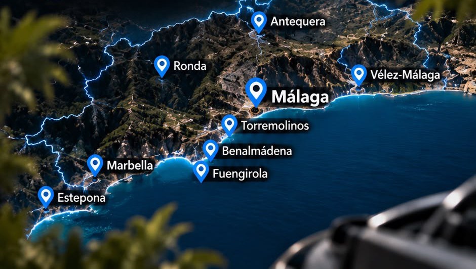 Mapa de la provincia de Málaga: Málaga, Torremolinos, Benalmádena, Fuengirola, Marbella, Estepona, Vélez-Málaga, Antequera y Ronda